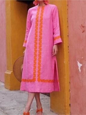 Tuckernuck x Atlantic-Pacific Linen Hartman Midi Dress Peony Pink & Tangerine S